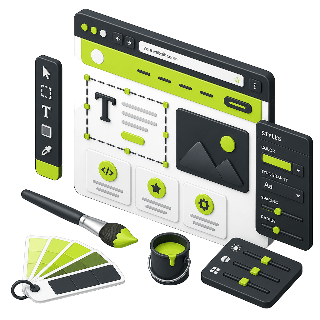 Illustration of design tools restyling a website