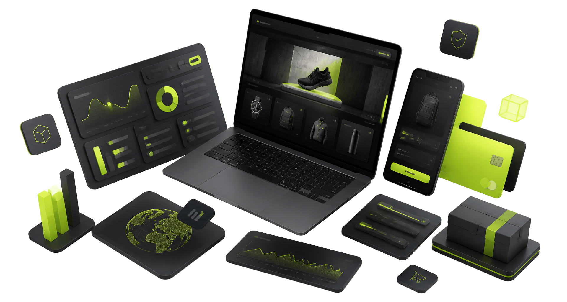 Ready-made website systems: storefront, dashboard, analytics and mobile checkout screens