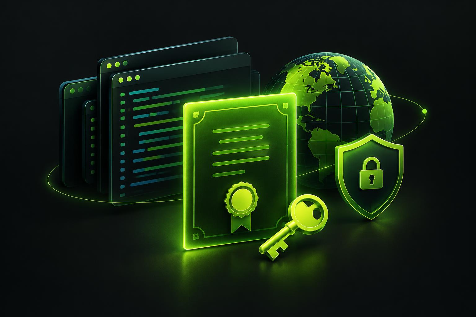 Illustration of a website license certificate, key and code windows