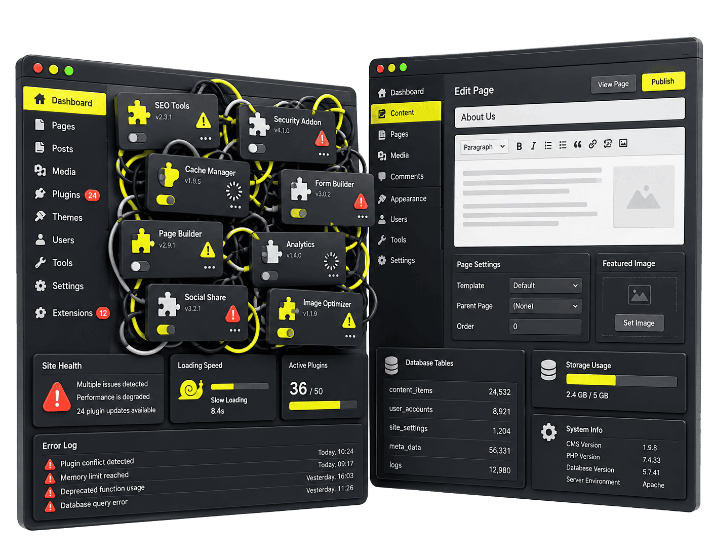 Two generic legacy website management screens showing plugin clutter and an outdated editor