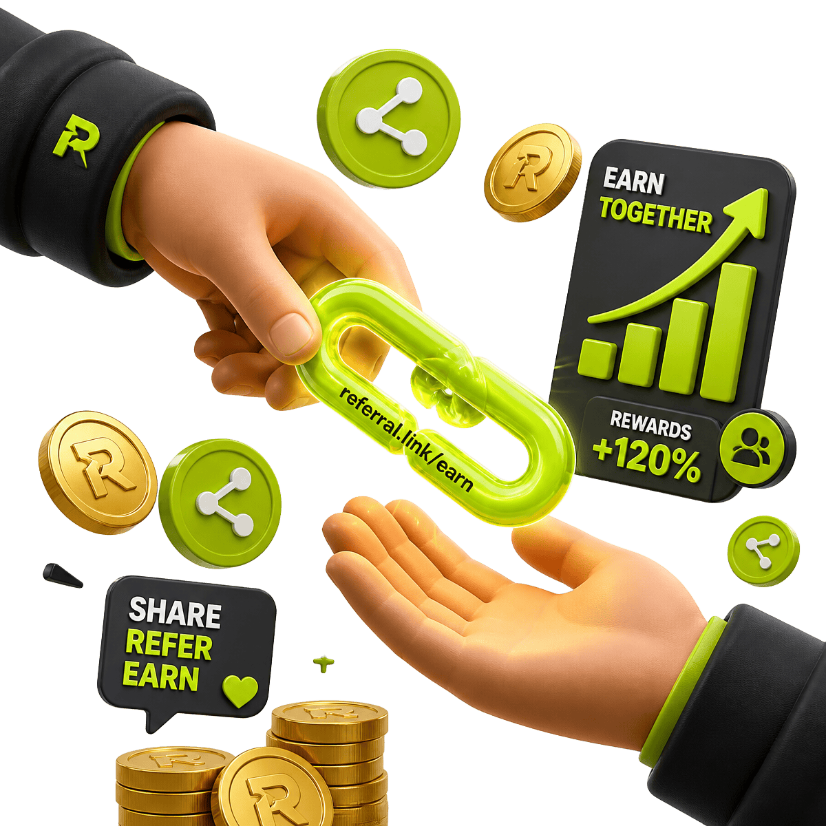 Two hands passing a glowing referral link, surrounded by share icons and reward coins