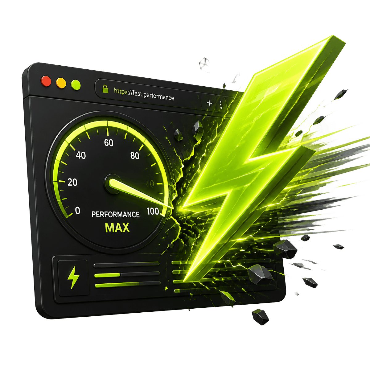 Lightning bolt bursting from a browser window with a performance dial pinned at maximum