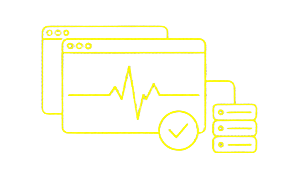 Neon yellow illustration of browser windows with a heartbeat line and a checkmark